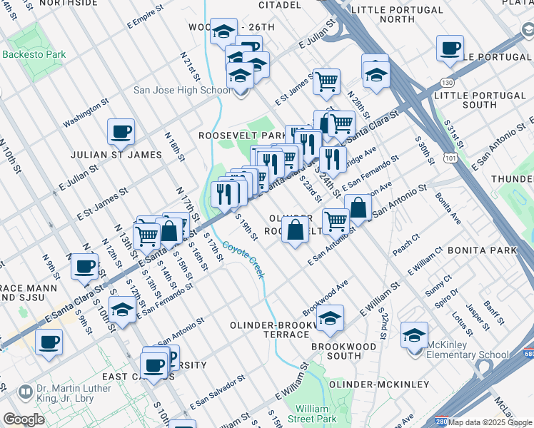 map of restaurants, bars, coffee shops, grocery stores, and more near 49 South 20th Street in San Jose