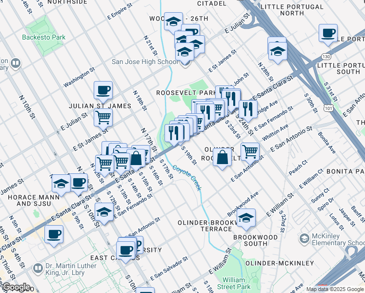 map of restaurants, bars, coffee shops, grocery stores, and more near 23 South 19th Street in San Jose
