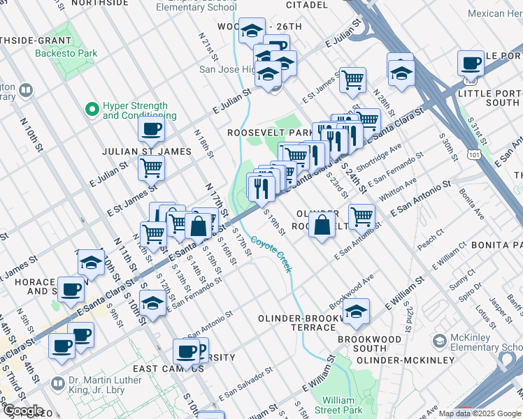 map of restaurants, bars, coffee shops, grocery stores, and more near 23 South 19th Street in San Jose