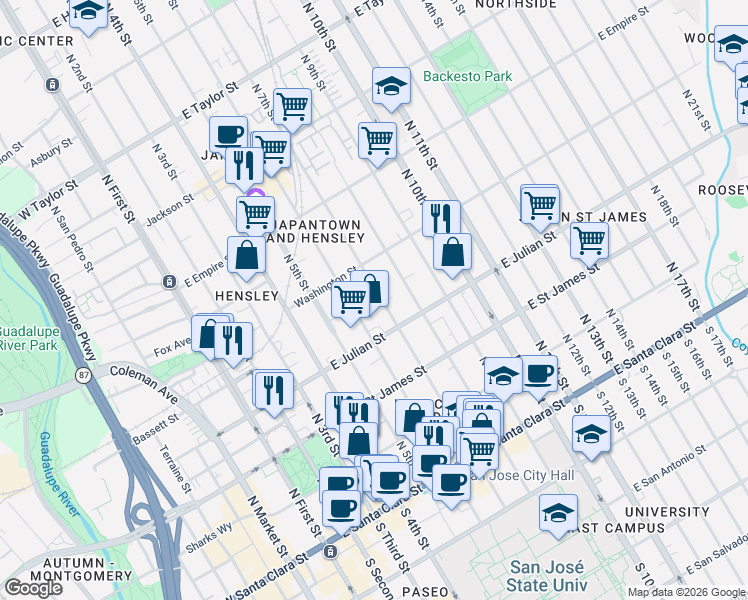 map of restaurants, bars, coffee shops, grocery stores, and more near 329 North 7th Street in San Jose