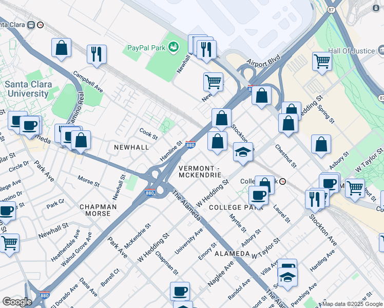 map of restaurants, bars, coffee shops, grocery stores, and more near 968 Vermont Street in San Jose
