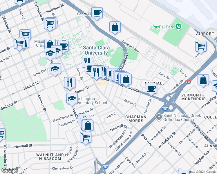 map of restaurants, bars, coffee shops, grocery stores, and more near 581 Camino Drive in Santa Clara
