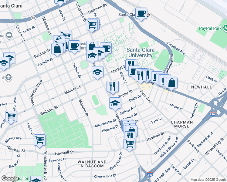 map of restaurants, bars, coffee shops, grocery stores, and more near 341 Lafayette Street in Santa Clara