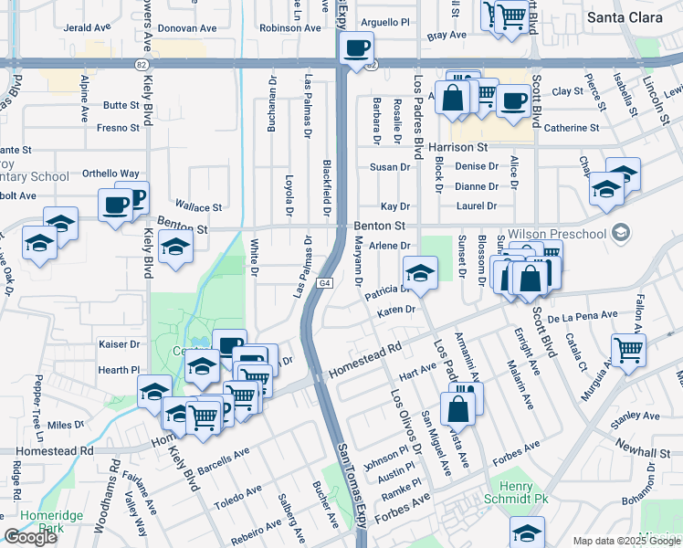 map of restaurants, bars, coffee shops, grocery stores, and more near 932 Maryann Drive in Santa Clara