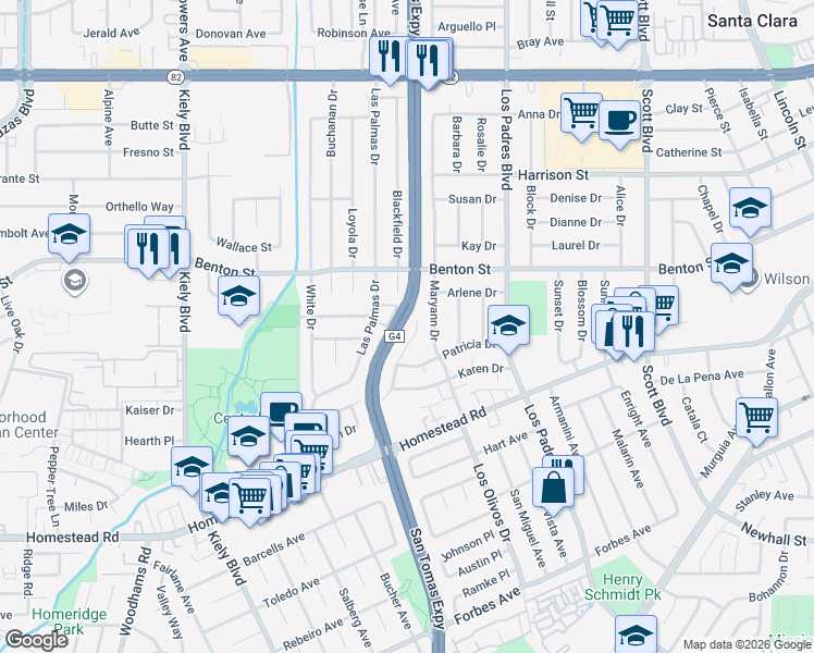 map of restaurants, bars, coffee shops, grocery stores, and more near 2091 Nobili Avenue in Santa Clara