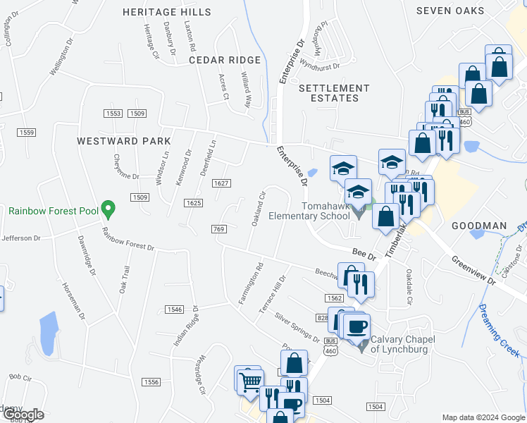 map of restaurants, bars, coffee shops, grocery stores, and more near 388 Oakland Circle in Lynchburg