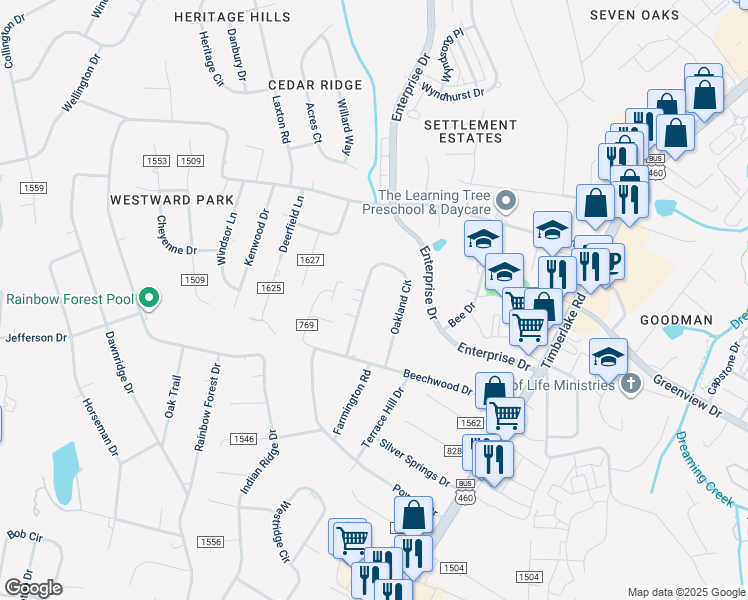 map of restaurants, bars, coffee shops, grocery stores, and more near 388 Oakland Circle in Lynchburg