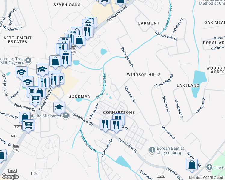map of restaurants, bars, coffee shops, grocery stores, and more near 500 Cornerstone Street in Lynchburg