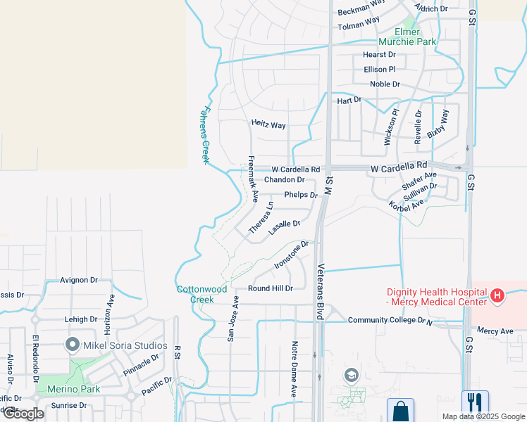 map of restaurants, bars, coffee shops, grocery stores, and more near 4250 Theresa Lane in Merced
