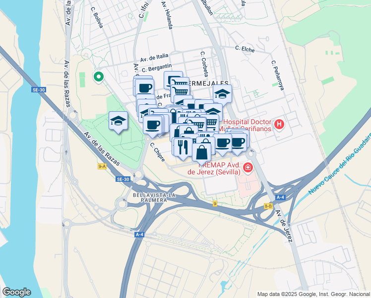 map of restaurants, bars, coffee shops, grocery stores, and more near 16 Calle Luxemburgo in Sevilla