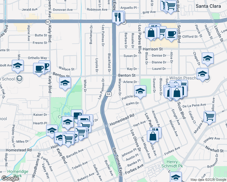 map of restaurants, bars, coffee shops, grocery stores, and more near 2492 Karen Drive in Santa Clara
