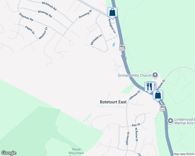 map of restaurants, bars, coffee shops, grocery stores, and more near 25 Najjum Lane in Roanoke