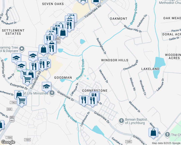 map of restaurants, bars, coffee shops, grocery stores, and more near 305 Hunterdale Drive in Lynchburg