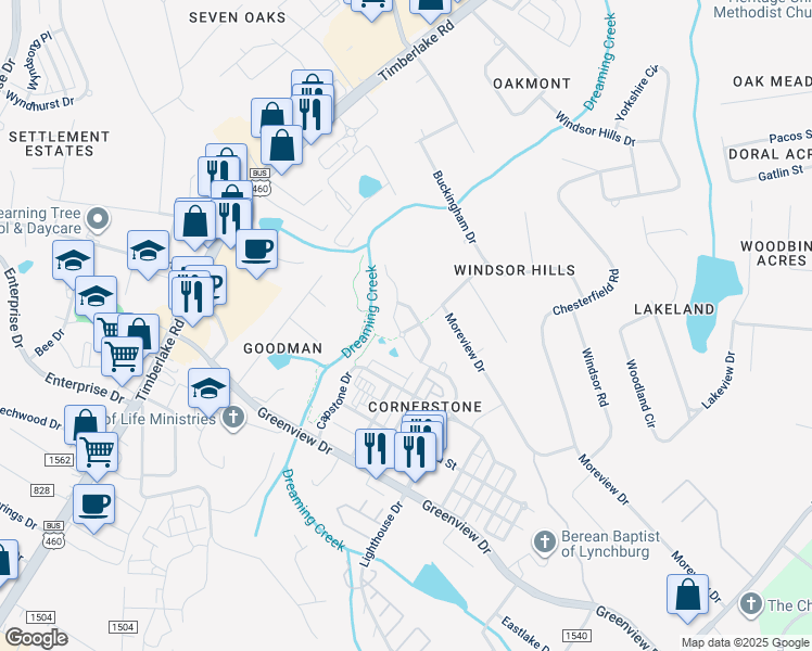 map of restaurants, bars, coffee shops, grocery stores, and more near 305 Hunterdale Drive in Lynchburg