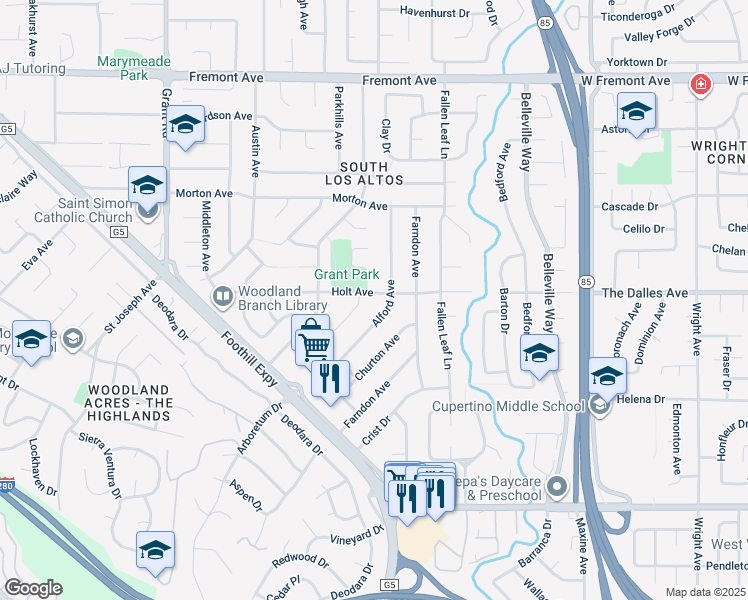 map of restaurants, bars, coffee shops, grocery stores, and more near 1586 Holt Avenue in Los Altos