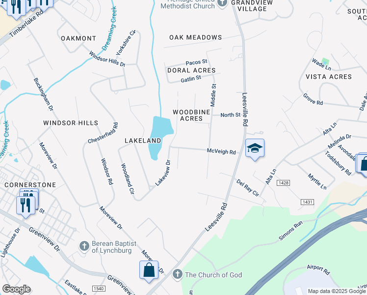 map of restaurants, bars, coffee shops, grocery stores, and more near 1612 McVeigh Road in Lynchburg