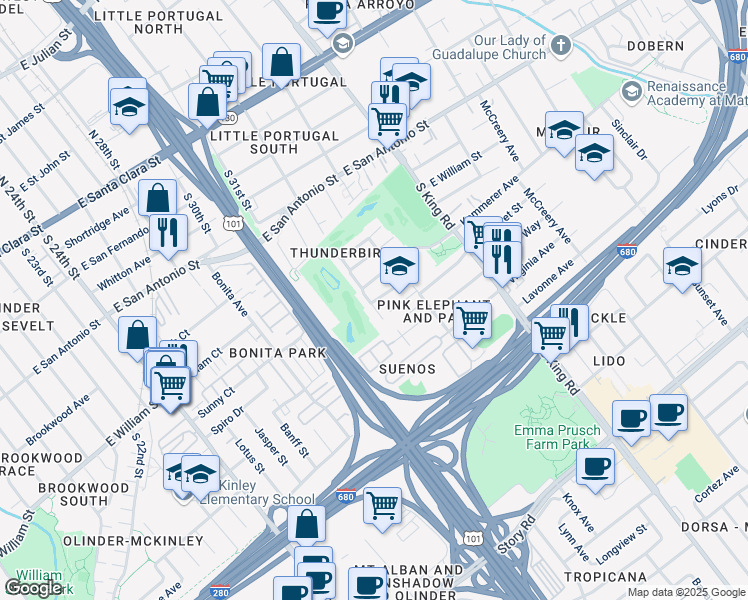 map of restaurants, bars, coffee shops, grocery stores, and more near 1509 Hermocilla Way in San Jose