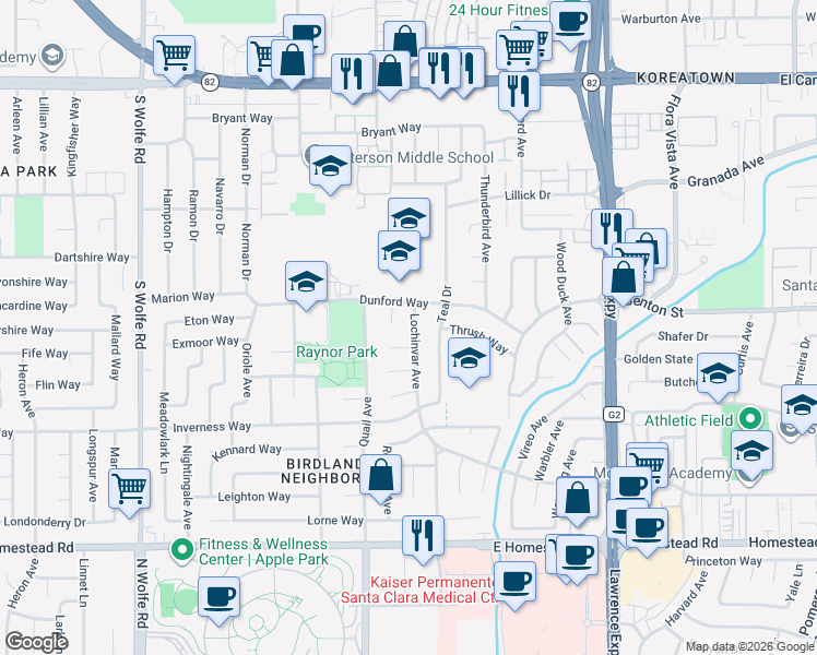 map of restaurants, bars, coffee shops, grocery stores, and more near 1523 Lochinvar Avenue in Sunnyvale