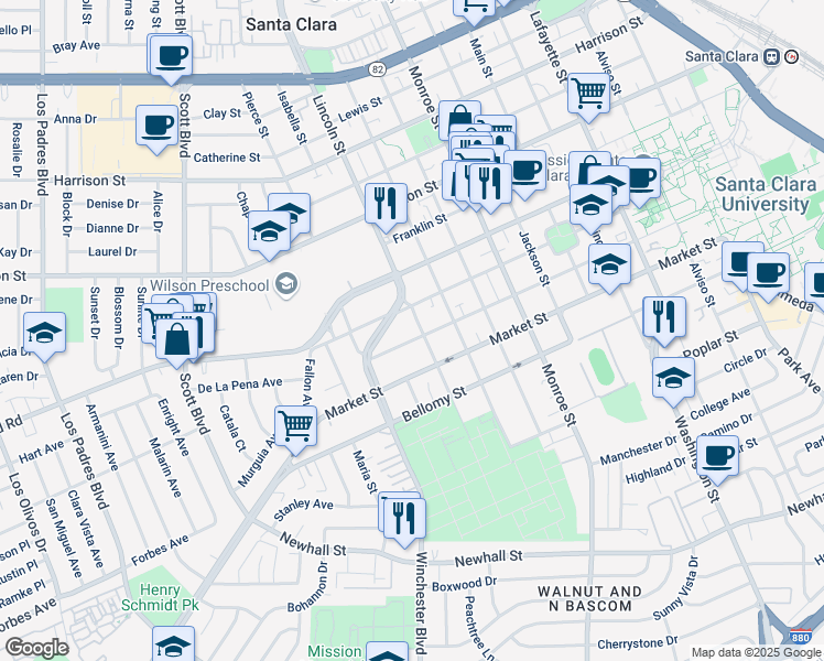 map of restaurants, bars, coffee shops, grocery stores, and more near 1601 Santa Clara Street in Santa Clara