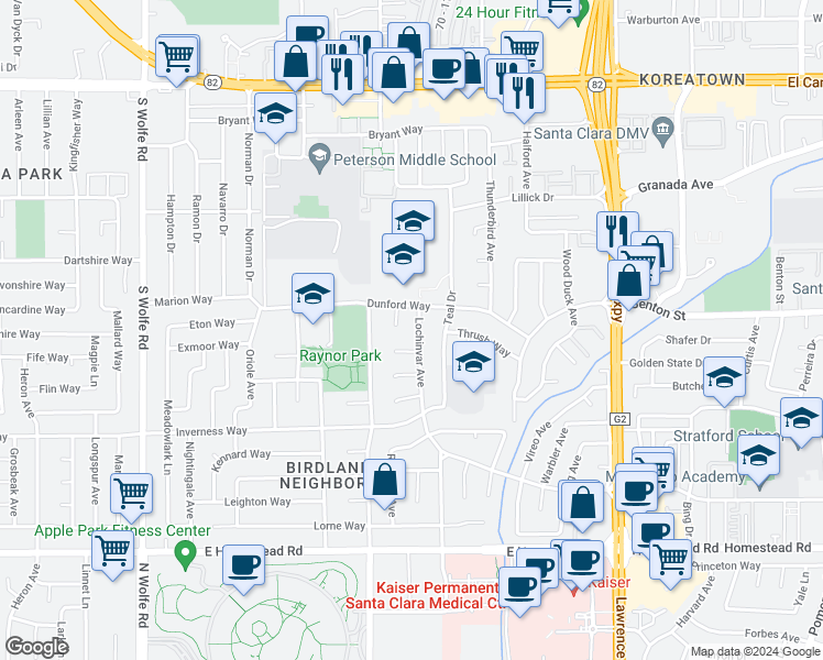 map of restaurants, bars, coffee shops, grocery stores, and more near 1523 Lochinvar Avenue in Sunnyvale