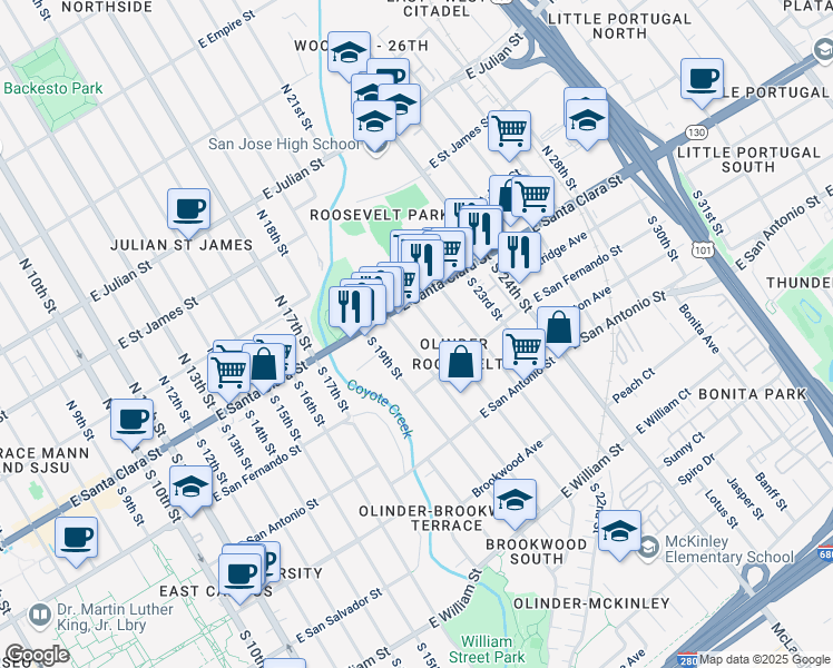 map of restaurants, bars, coffee shops, grocery stores, and more near 49 South 20th Street in San Jose