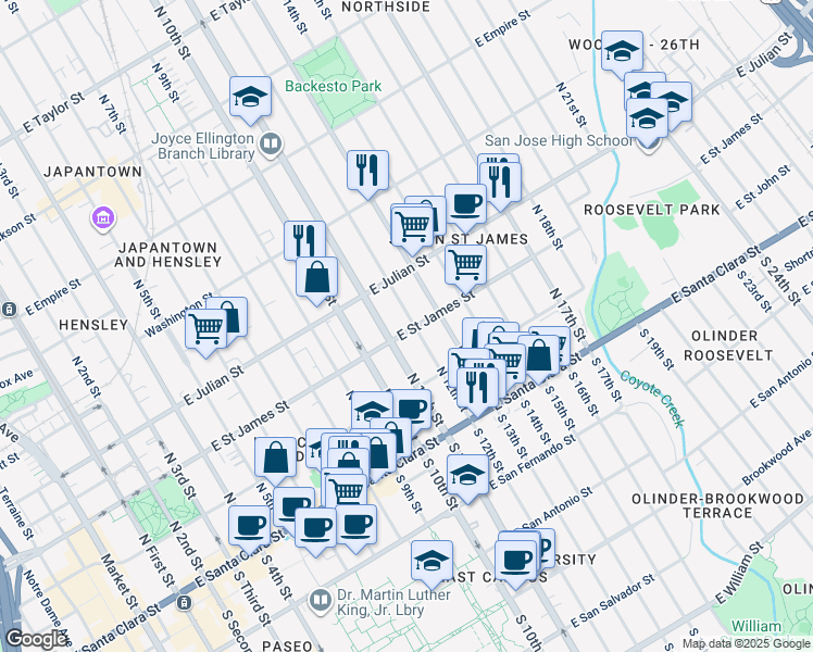 map of restaurants, bars, coffee shops, grocery stores, and more near 175 North 12th Street in San Jose