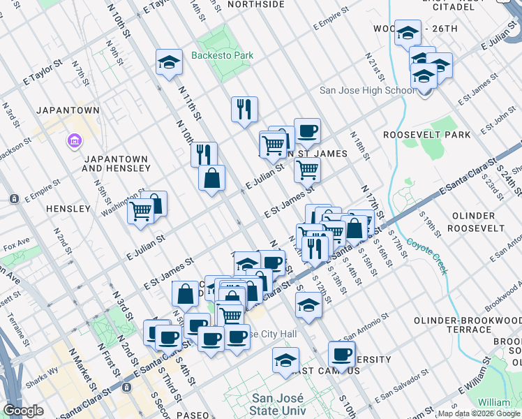map of restaurants, bars, coffee shops, grocery stores, and more near in San Jose