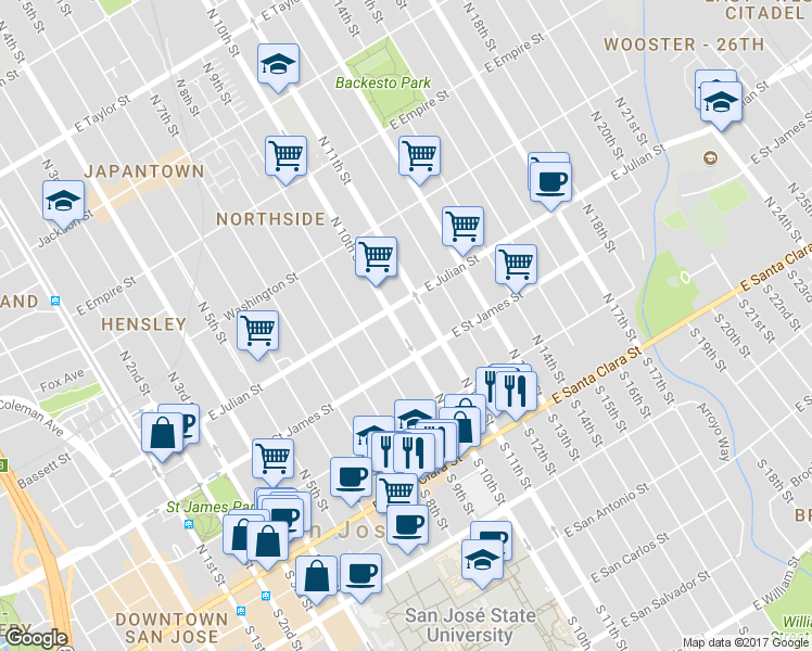 map of restaurants, bars, coffee shops, grocery stores, and more near 231 North 10th Street in San Jose