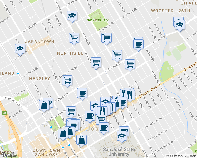 map of restaurants, bars, coffee shops, grocery stores, and more near 231 North 10th Street in San Jose