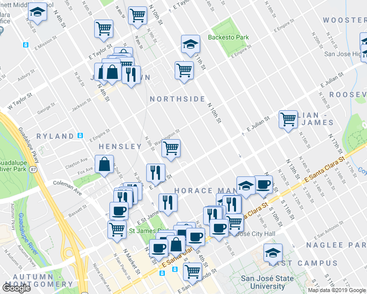 map of restaurants, bars, coffee shops, grocery stores, and more near 329 North 7th Street in San Jose
