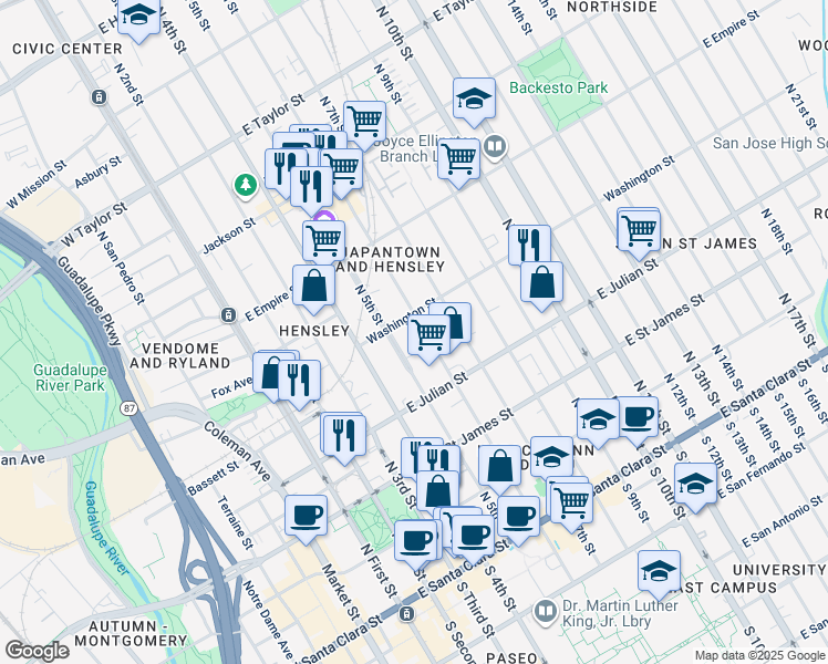 map of restaurants, bars, coffee shops, grocery stores, and more near 360 North 5th Street in San Jose