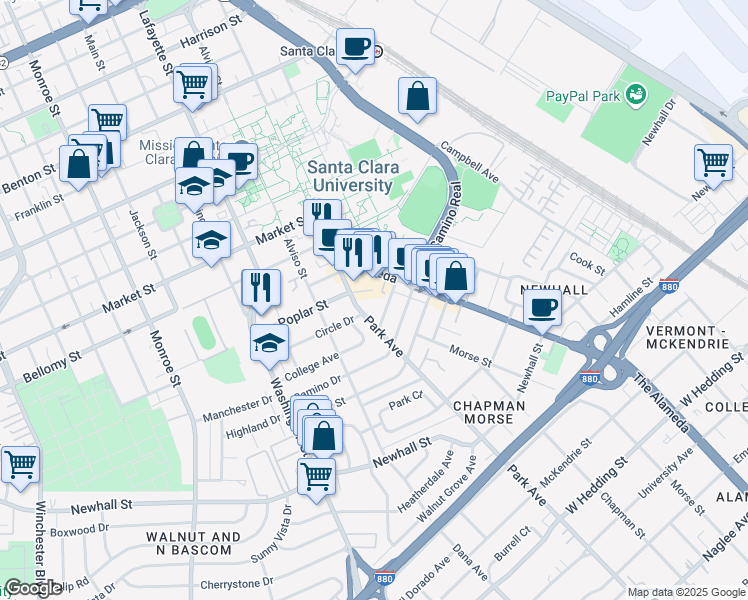 map of restaurants, bars, coffee shops, grocery stores, and more near 2675 Park Avenue in Santa Clara