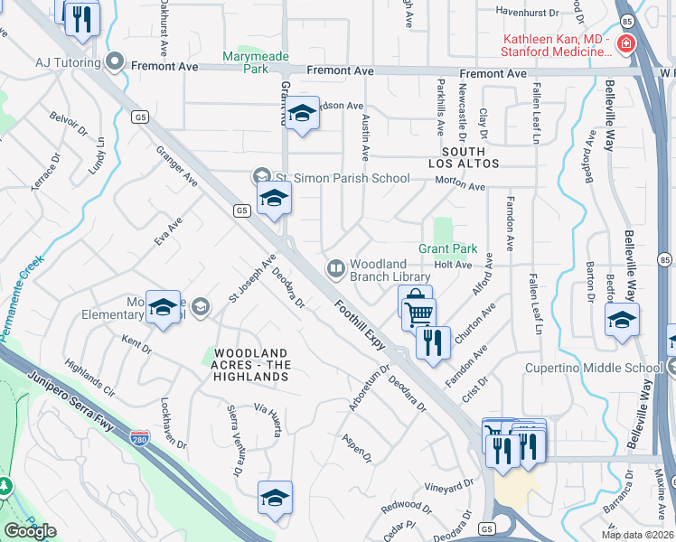 map of restaurants, bars, coffee shops, grocery stores, and more near in Los Altos