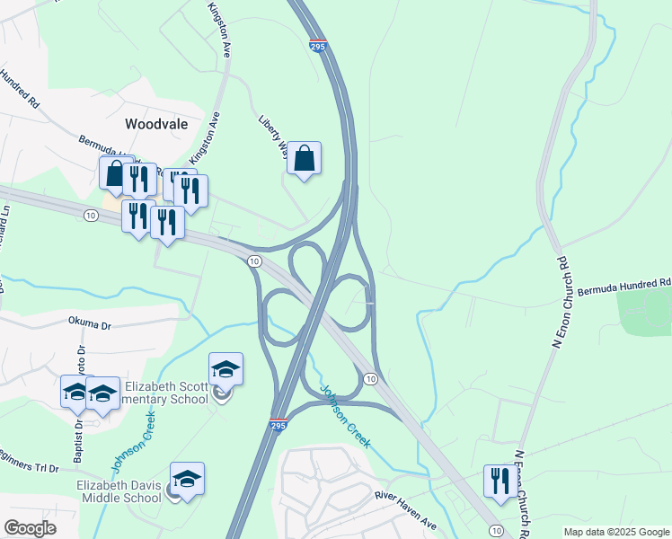 map of restaurants, bars, coffee shops, grocery stores, and more near Interstate 295 in Chester