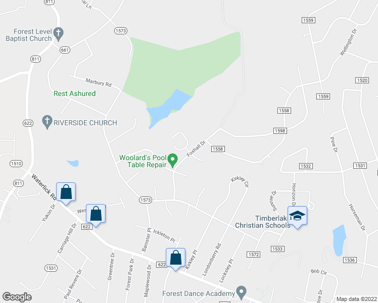 map of restaurants, bars, coffee shops, grocery stores, and more near 118 Manor Drive in Forest