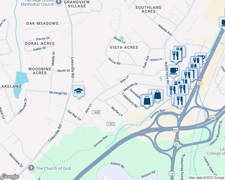 map of restaurants, bars, coffee shops, grocery stores, and more near 227 Alta Lane in Lynchburg