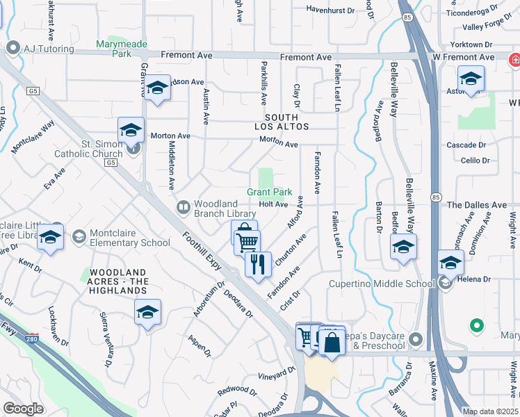 map of restaurants, bars, coffee shops, grocery stores, and more near 1921 Helen Court in Los Altos