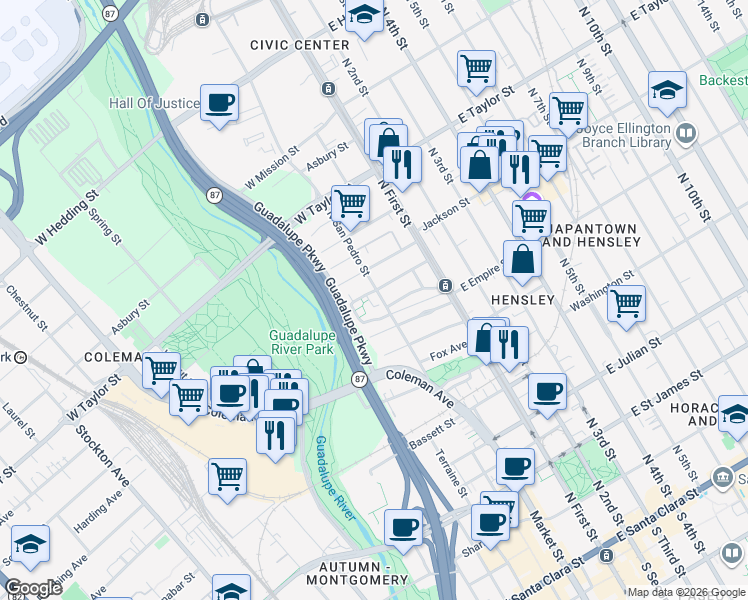 map of restaurants, bars, coffee shops, grocery stores, and more near 525 Quailbrook Court in San Jose