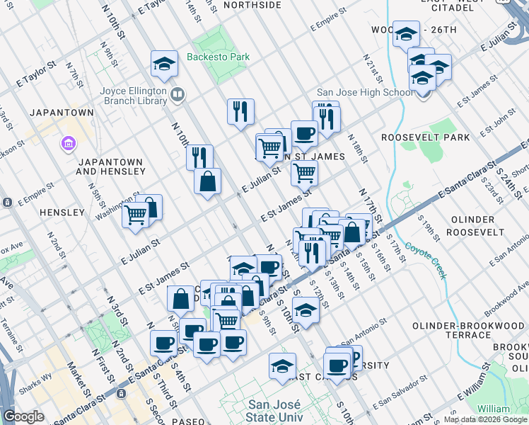 map of restaurants, bars, coffee shops, grocery stores, and more near 175 North 12th Street in San Jose