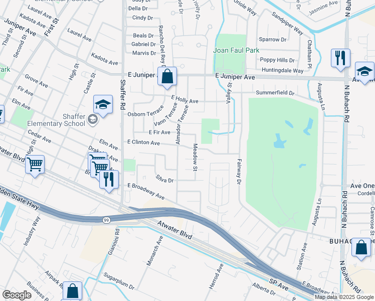 map of restaurants, bars, coffee shops, grocery stores, and more near 512 East Clinton Avenue in Atwater