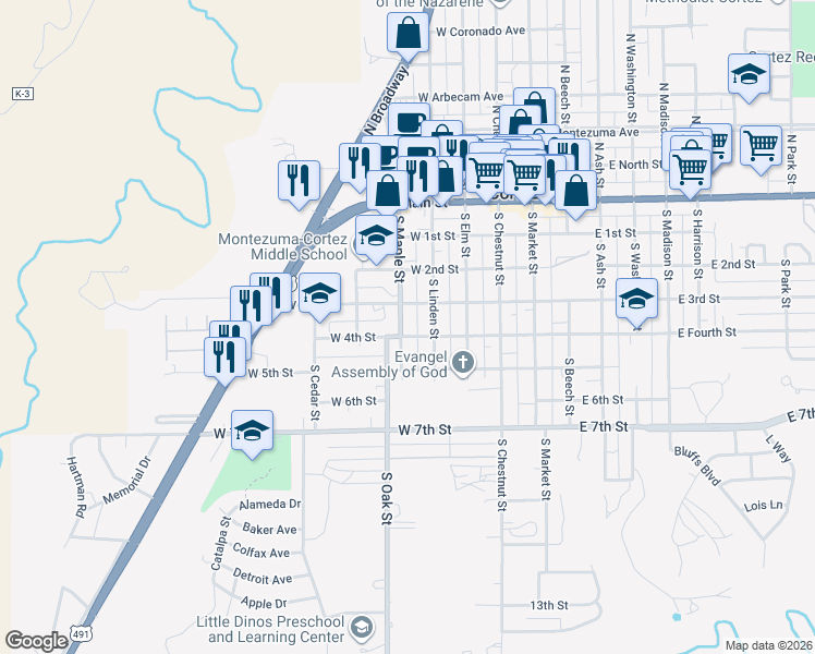 map of restaurants, bars, coffee shops, grocery stores, and more near 334 South Maple Street in Cortez