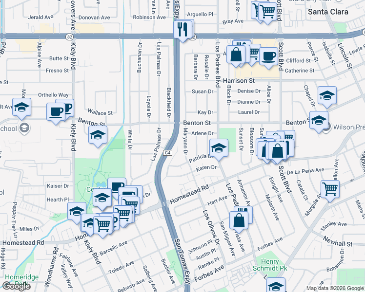 map of restaurants, bars, coffee shops, grocery stores, and more near 932 Maryann Drive in Santa Clara