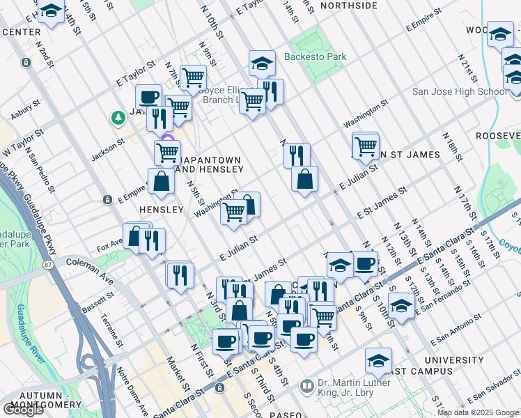 map of restaurants, bars, coffee shops, grocery stores, and more near 329 North 7th Street in San Jose