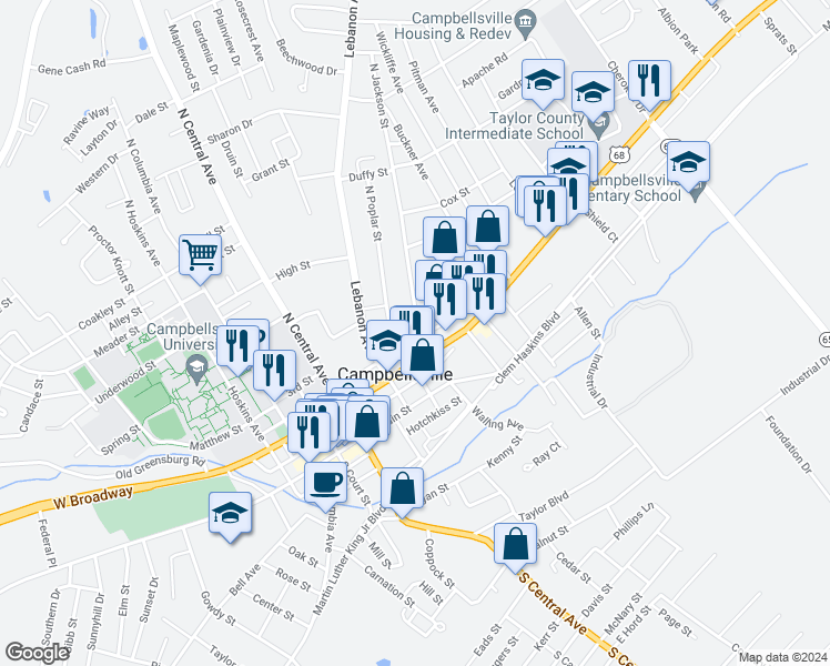 map of restaurants, bars, coffee shops, grocery stores, and more near 401 North Jackson Street in Campbellsville