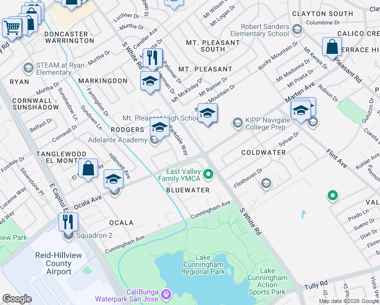map of restaurants, bars, coffee shops, grocery stores, and more near 1848 Woodridge Way in San Jose