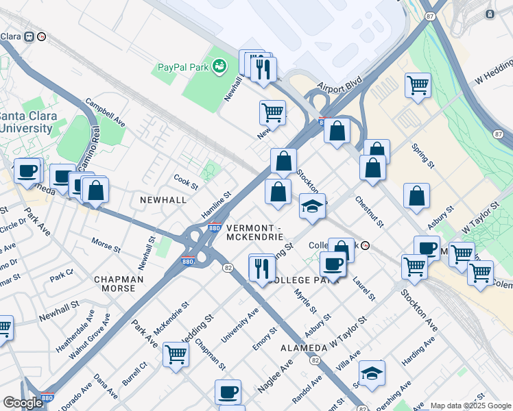 map of restaurants, bars, coffee shops, grocery stores, and more near Elm St & Vermont St in San Jose