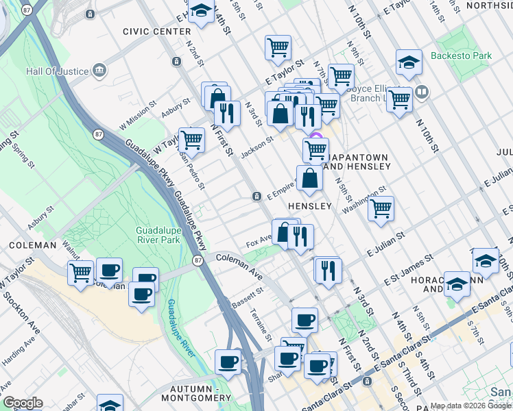 map of restaurants, bars, coffee shops, grocery stores, and more near in San Jose