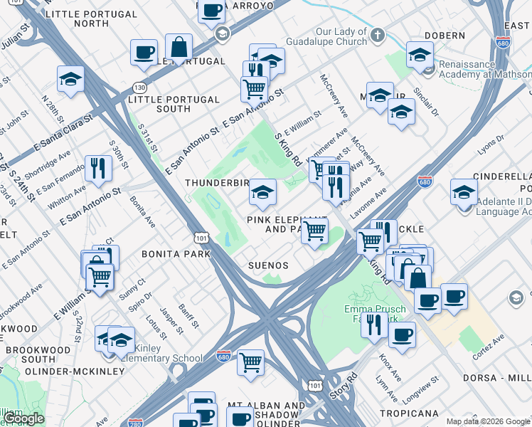 map of restaurants, bars, coffee shops, grocery stores, and more near 1561 Virginia Place in San Jose
