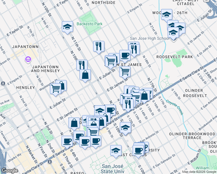 map of restaurants, bars, coffee shops, grocery stores, and more near 175 North 12th Street in San Jose