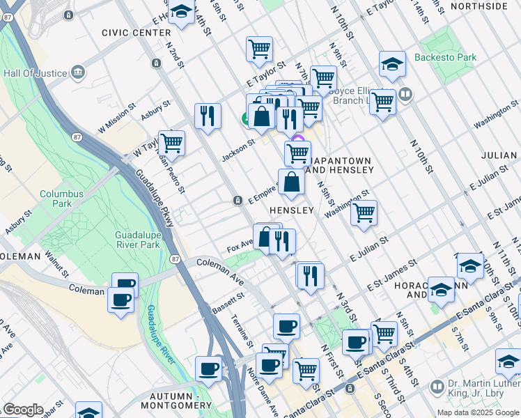 map of restaurants, bars, coffee shops, grocery stores, and more near 460 North First Street in San Jose
